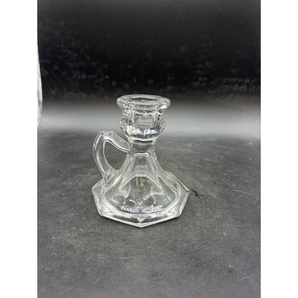 Vintage Clear Pressed Glass Chamberstick Candle Holder Octagonal Base Handle
